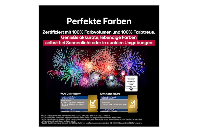 Ein Wohnzimmer mit einem an der Wand montierten LG OLED-Fernseher. Auf dem Fernseher ist eine Bergkette vor einem dunklen Abendhimmel voller Sterne zu sehen. Diese Szene ist in zwei Hälften geteilt. Die eine Seite zeigt eine trübe, graue Version der Landschaft mit der Bezeichnung Non Perfect Black Display. Auf der anderen Seite ist ein angenehmeres Bild mit einem größeren Dynamikbereich von Schwarz und Weiß zu sehen. Dies ist mit Perfect Black Display gekennzeichnet. Auch die Logo-Zertifizierung ist sichtbar: Perfect Black Technology liefert Schwarzwerte von 0,24 nit oder weniger bis zu 500 Lux.
