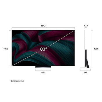Frontansicht und Seitenansicht des LG OLED evo AI C5 4K Smart TV mit den Abmessungen der Länge, Breite, Höhe und Tiefe.