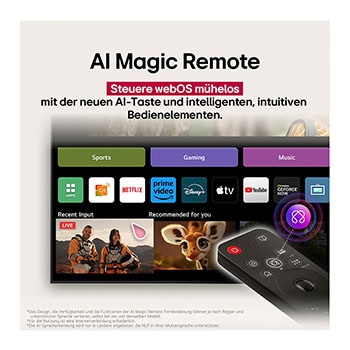 Auf dem Bildschirm eines LG OLED-Fernsehers befindet sich die webOS 25-Startseite, die mit Apps und Unterhaltungsinhalten gefüllt ist. Neben dem Fernseher befindet sich die LG AI Magic Remote-Fernbedienung. Der AI Button ist hervorgehoben, als ob sie durch die Stimme des Benutzers aktiviert wurde. Daneben befindet sich eine Sprechblase, die auf "Mein Profil" umschaltet. Der kurze Text erklärt, wie Nutzer nun ihre Stimme mit ihrem persönlichen Profil synchronisieren können, um eine einfachere Navigation und personalisierte Empfehlungen zu erhalten.