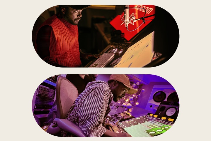 Auf dem oberen Bild arbeitet will.i.am in einem Tonstudio, trägt eine rote Weste und schaut auf einen Bildschirm, vor sich. Auf dem unteren Bild arbeitet will.i.am ebenfalls in einem Studio und schaut auf den Bildschirm mit grünen Fenstern.