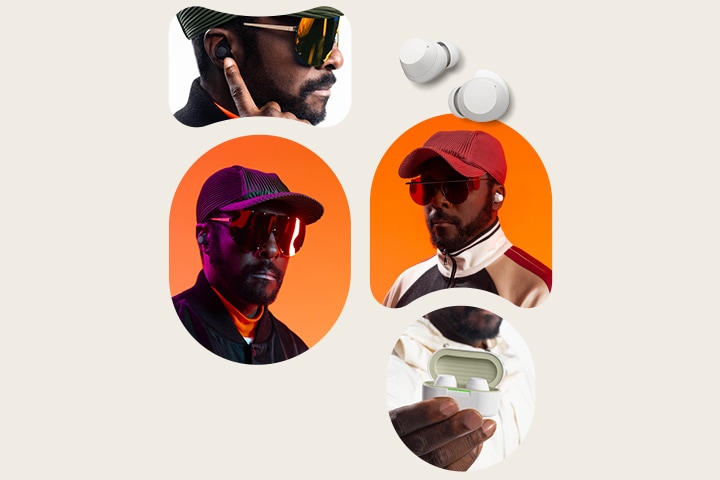 Oben links blickt will.i.am mit seinem Hinterkopf auf seine linke Seite, trägt eine Sonnenbrille und zeigt mit seinem Zeigefinger auf den Kopfhörer. Oben rechts sind zwei Bilder von weißen Kopfhörern zu sehen. In der Mitte links befindest sich ein Porträtbild von will.i.am, das nach vorne gerichtet ist, während er Kopfhörer, eine Kappe und Sonnenbrille trägt. In der Mitte rechts ist ein weiteres Porträtbild von will.i.am, in dem er ebenfalls Kopfhörer, eine Kappe und Sonnenbrille trägt. Darunter hält will.i.am das Ladegerät der xboom Buds Lite mit den Kopfhörern in der Hand
