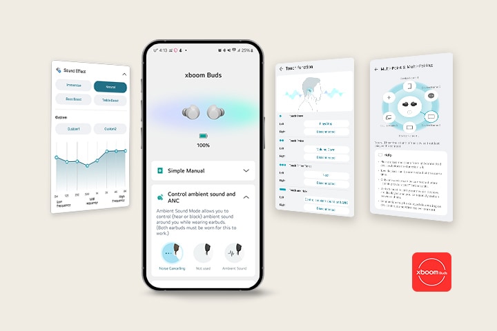 Auf einem Mobiltelefon bleibt der Hauptbildschirm der xboom Buds-App. Links befindet sich das UI-Bild der Soundeffekt-Anpassungsfunktion der App und rechts befinden sich jeweils die UI-Bilder der Touch-Funktion sowie der Multi-Point- und Multi-Pairing-Funktion.
