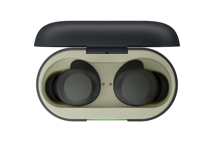 Geöffnetes Kästchen, Blick auf die Oberseite mit Ohrhörern