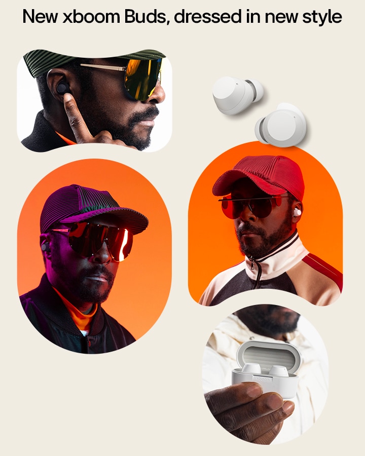 Oben links ist will.i.am von hinten zu sehen, er blickt nach links, trägt eine Sonnenbrille und zeigt mit seinem Zeigefinger auf die Ohrhörer in seinem Ohr. Oben rechts sind Bilder von zwei weißen Ohrhörern zu sehen. In der Mitte links befindet sich ein Porträt von will.i.am, frontal ausgerichtet, mit Ohrhörern, einer Kappe und einer Sonnenbrille. In der Mitte rechts ist ein weiteres Porträt von will.i.am zu sehen, ebenfalls mit Ohrhörern, einer Kappe und einer Sonnenbrille. Unten hält will.i.am die Ladehülle der xboom Buds mit den darin befindlichen Ohrhörern in der Hand.