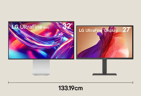 Dual-Monitor-Konfiguration mit 32-Zoll-6K- und 27-Zoll-4K-UHD-Displays für kreative Arbeitsabläufe mit einer Tischbreite von 133,19 cm