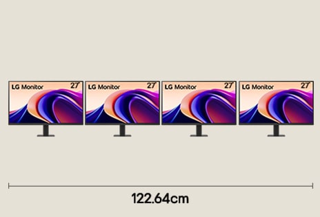 Quad-Monitor-Konfiguration mit vier 27-Zoll-QHD-Displays für Multi-Screen-Trading-Workflow mit einer Tischbreite von 122,64 cm