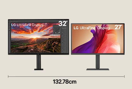 Dual-Monitor-Konfiguration mit 32-Zoll-UHD- und 27-Zoll-4K-Displays für den Programmier-Workflow mit einer Tischbreite von 132,78 cm