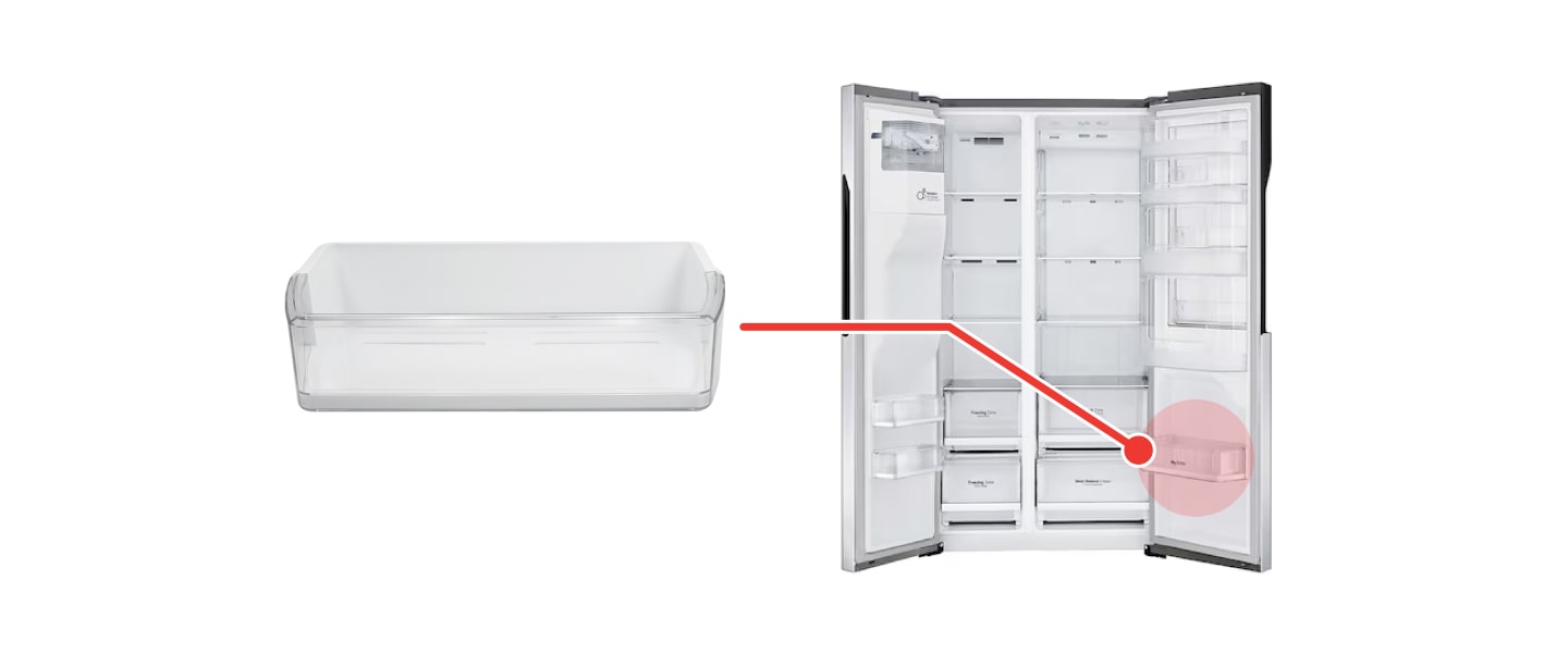 Der Türkorb kann an der Tür von Kühlschrank oder Gefrierfach angebracht werden. Die Position kann je nach Modell variieren.