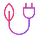 Ein Icon eines Blatts, das mit einem Stromstecker in Pink- und Lilatönen verbunden ist und Energieeffizienz darstellt.