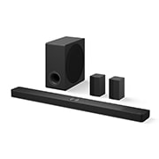 Schrägansicht der LG Soundbar DS90TR, Subwoofer und hintere Lautsprecher