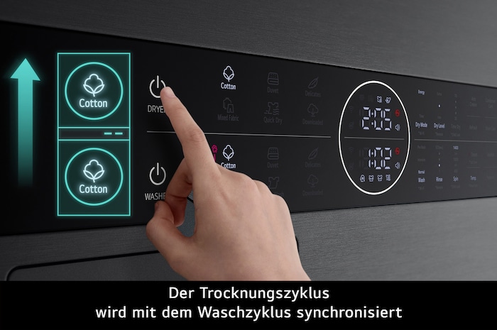 Die Smart Pairing-Funktion des LG WashTower WT1210BBF, die den Trockenzyklus automatisch mit dem Waschzyklus synchronisiert, mit Energieeffizienzklasse A (Waschmaschine).