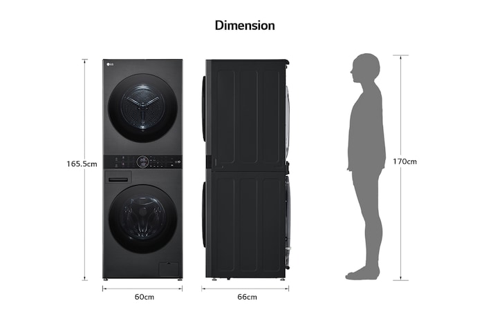 Abmessungsgrafik des LG WashTower: B 60, H 165,5, T 66 cm, zur Veranschaulichung neben einer 170 cm großen Person gezeigt.