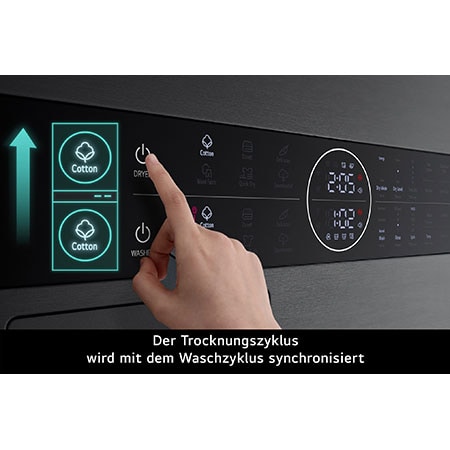 Die Smart Pairing-Funktion des LG WashTower WT1210BBF, die den Trockenzyklus automatisch mit dem Waschzyklus synchronisiert, mit Energieeffizienzklasse A (Waschmaschine).
