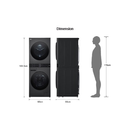 Abmessungsgrafik des LG WashTower: B 60, H 165,5, T 66 cm, zur Veranschaulichung neben einer 170 cm großen Person gezeigt.