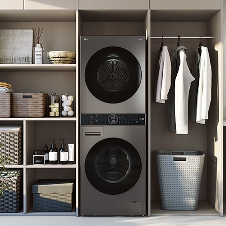 Der LG WashTower WT1210BBF in Schwarz, mit seinem platzsparenden Design in einem modernen Wäscheschrank installiert, mit Energieeffizienzklasse A (Waschmaschine).