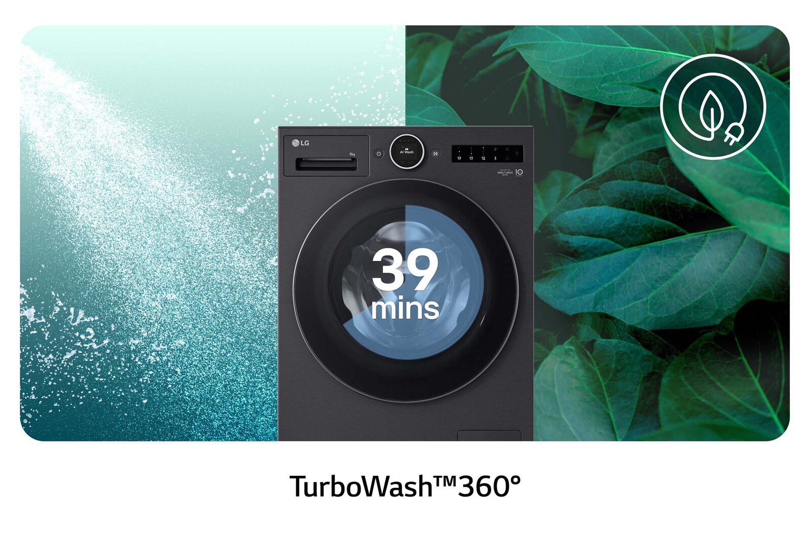 Die LG 9 kg Waschmaschine F4WX9092B in Matte Black mit TurboWash®360°-Technologie für eine gründliche Wäsche in nur 39 Minuten, mit Energieeffizienzklasse A-55%.