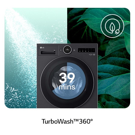 Die LG 9 kg Waschmaschine F4WX9092B in Matte Black mit TurboWash®360°-Technologie für eine gründliche Wäsche in nur 39 Minuten, mit Energieeffizienzklasse A-55%.