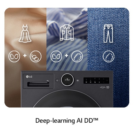 Nahaufnahme des Bedienfelds der LG 9 kg Waschmaschine F4WX9092B, das die Deep-learning AI DD®-Technologie für intelligente Wäschepflege zeigt, mit Energieeffizienzklasse A-55%.