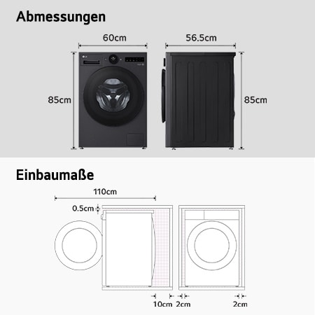Technische Zeichnung der LG Waschmaschine F4WX801YB: B 60, H 85, T 56,5 cm (Tür offen 110 cm), inkl. Einbaumaße, mit Energieeffizienzklasse A-40%.
