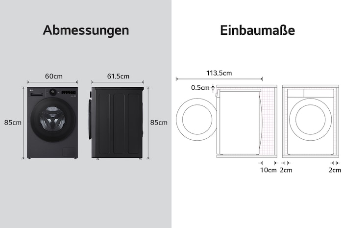 Technische Zeichnung der LG Waschmaschine F4WX803YB: B 60, H 85, T 61,5 cm (Tür offen 113,5 cm), inkl. Einbaumaße, mit Energieeffizienzklasse A-20%.