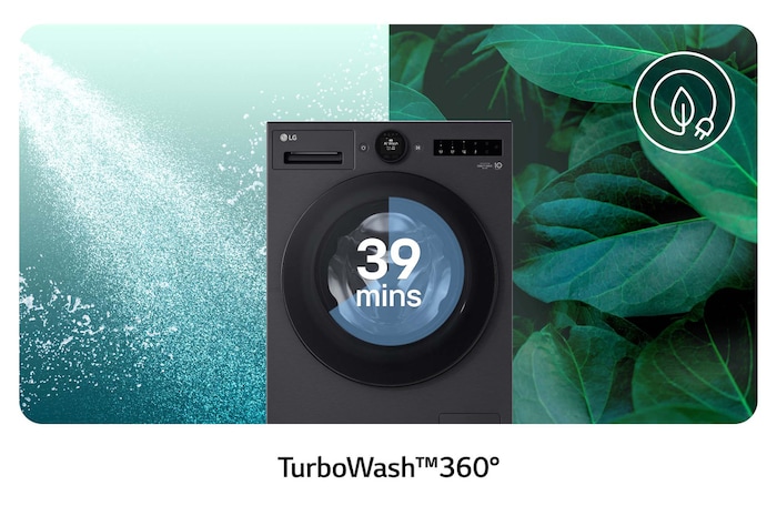 Die LG 13 kg Waschmaschine F4WX803YB in Matte Black mit TurboWash®360°-Technologie für eine gründliche Wäsche in nur 39 Minuten, mit Energieeffizienzklasse A-20%.