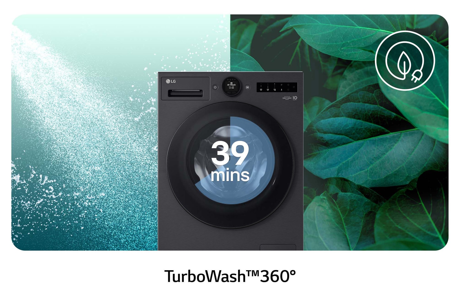 Die LG 13 kg Waschmaschine F4WX803YB in Matte Black mit TurboWash®360°-Technologie für eine gründliche Wäsche in nur 39 Minuten, mit Energieeffizienzklasse A-20%.