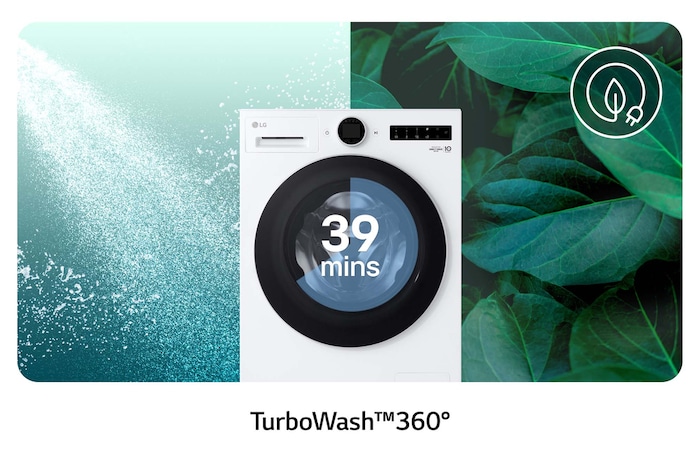 Die LG 9 kg Waschmaschine F4WX9092 in Weiß mit TurboWash®360°-Technologie für eine gründliche Wäsche in nur 39 Minuten, mit Energieeffizienzklasse A-55%.
