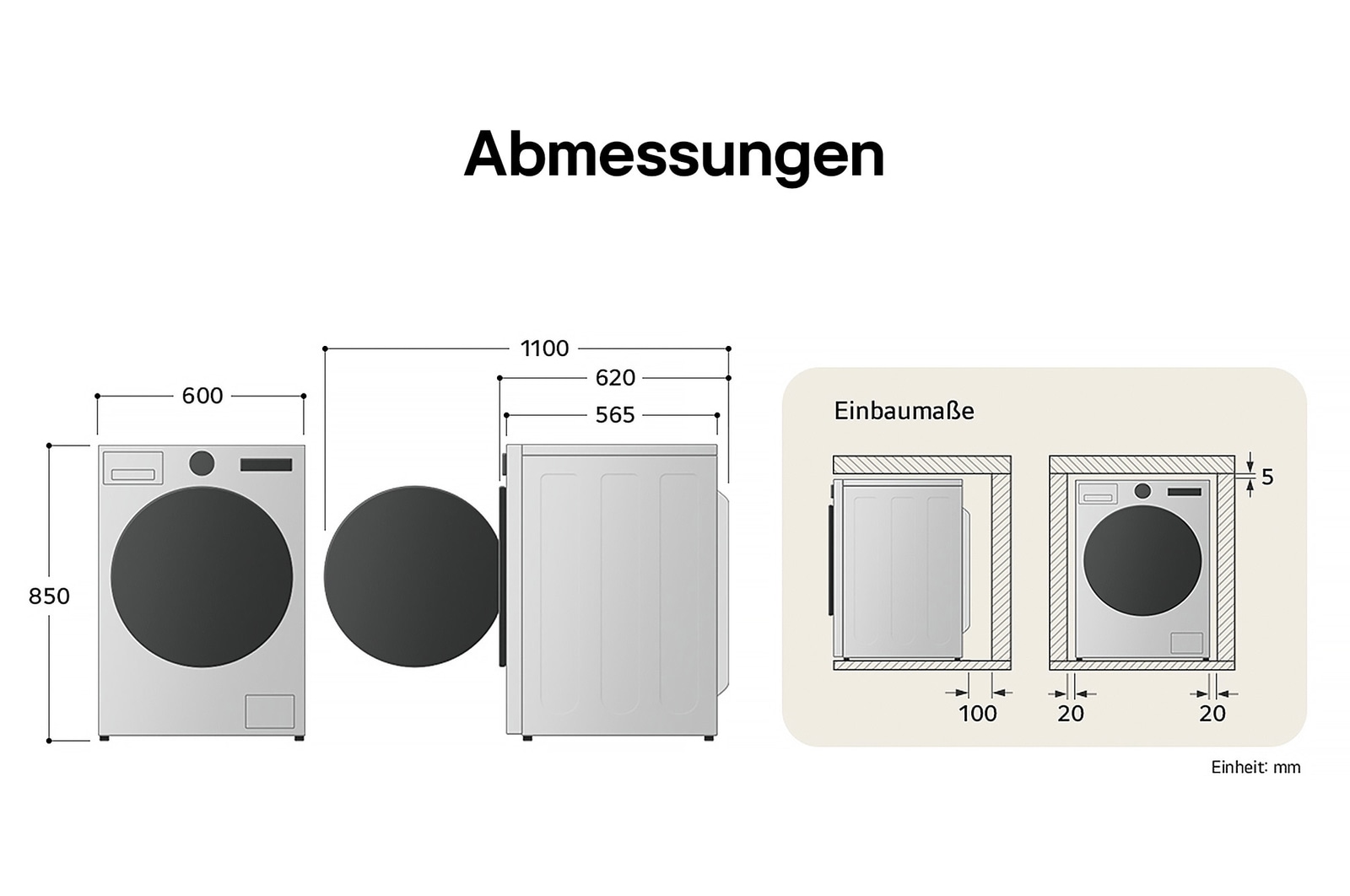 Technische Zeichnung der LG Waschmaschine: B 600, H 850, T 565 mm (Tür offen 1100 mm), inkl. Installationsabstände.