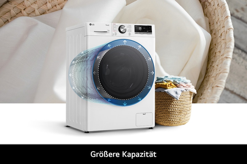 Die LG Waschmaschine F4W11A in Weiß, die ihre große 11 kg Trommelkapazität für mehr Wäsche hervorhebt, mit Energieeffizienzklasse A-10%.