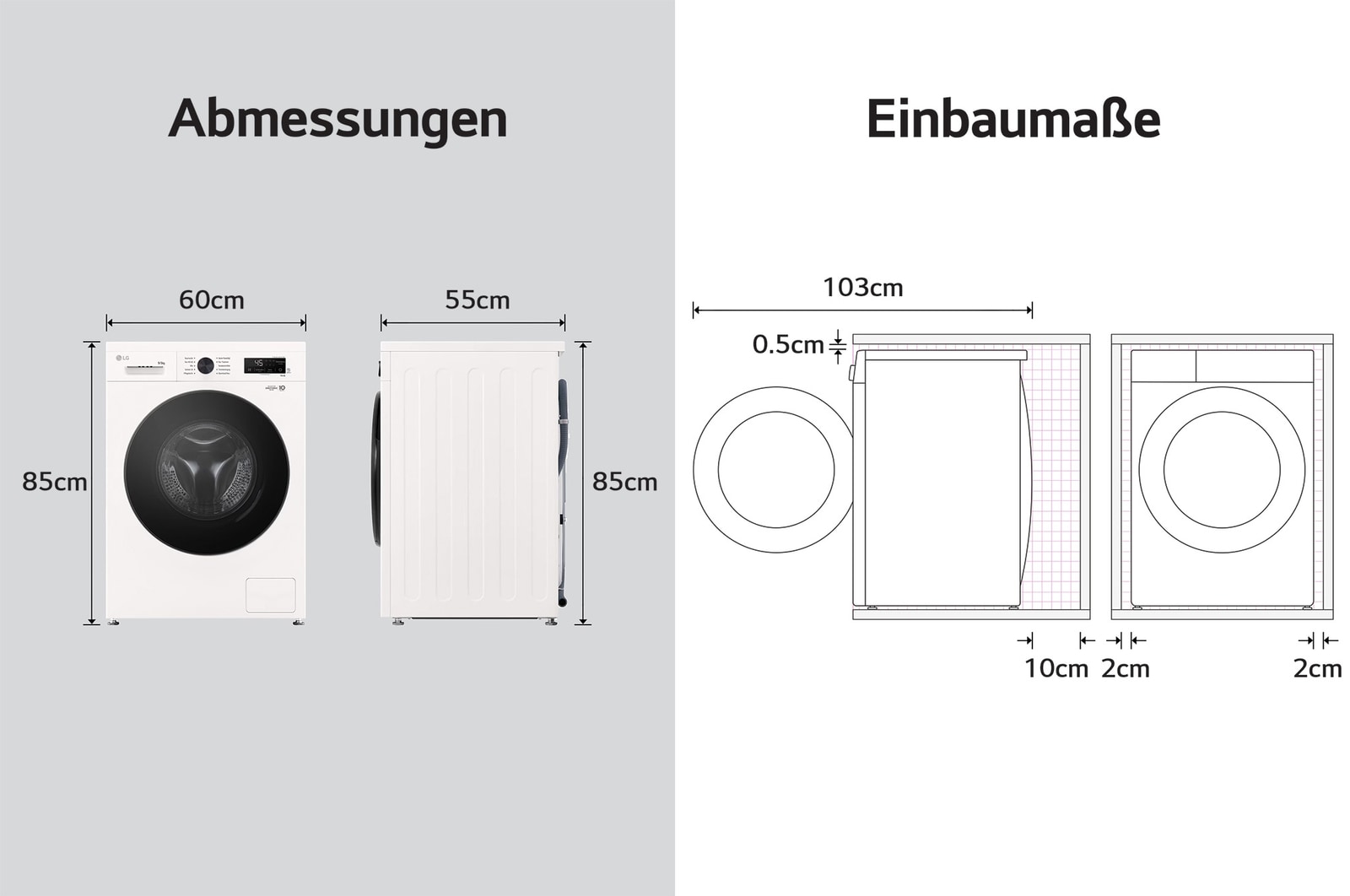 Abmessungsgrafik der LG Waschmaschine: B 60, H 85, T 55 cm (Tür offen 103 cm), inkl. Installationsabstände.