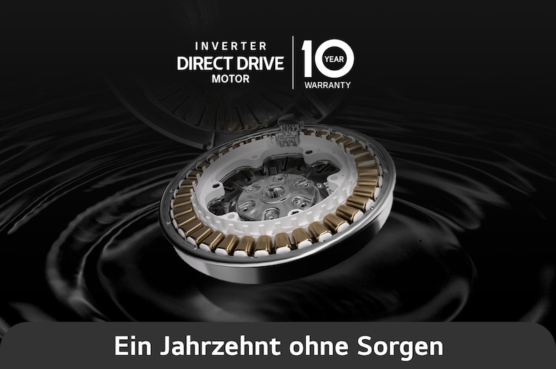 Nahaufnahme des Inverter Direct Drive™ Motors der LG 8 kg Waschmaschine F4WB308Y, mit 10 Jahren Garantie, mit Energieeffizienzklasse A.