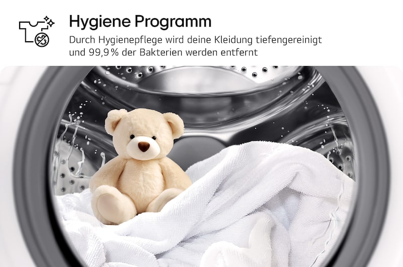 Das Hygiene-Programm der LG Waschmaschine F4WB2095, das einen antibakteriellen Tiefenreinigungszyklus symbolisiert, mit Energieeffizienzklasse A.