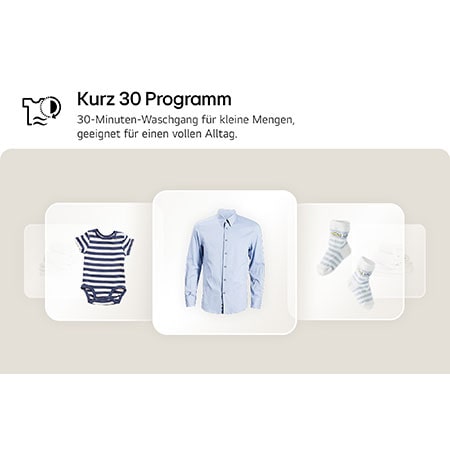 Grafik für das Kurz-30-Programm der LG Waschmaschine F4WB2095, die geeignete kleine Wäschestücke für den 30-Minuten-Waschgang zeigt, mit Energieeffizienzklasse A.