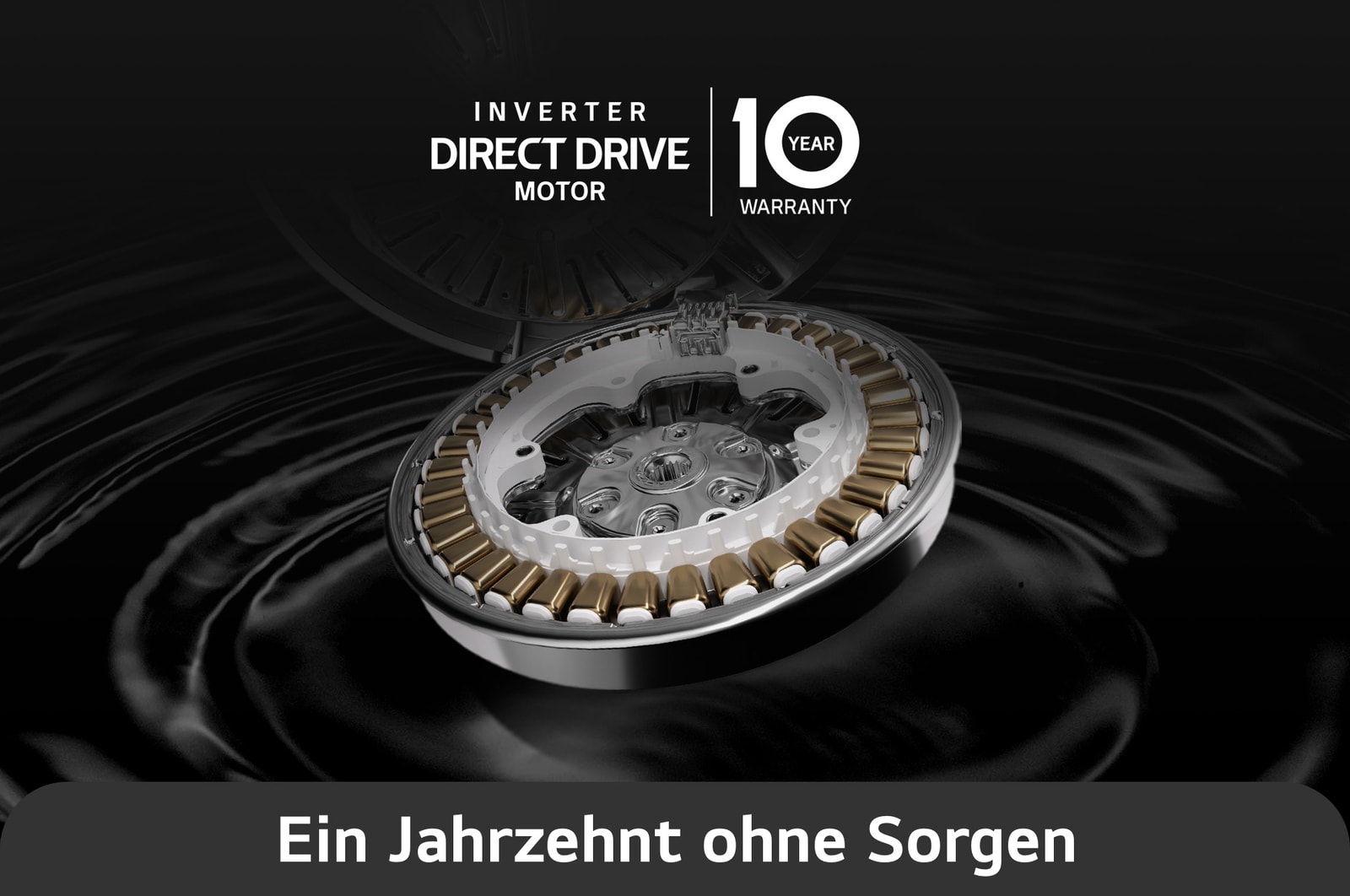 Nahaufnahme des Inverter Direct Drive™ Motors der LG 8 kg Waschmaschine F4WB308YB, mit 10 Jahren Garantie, mit Energieeffizienzklasse A.