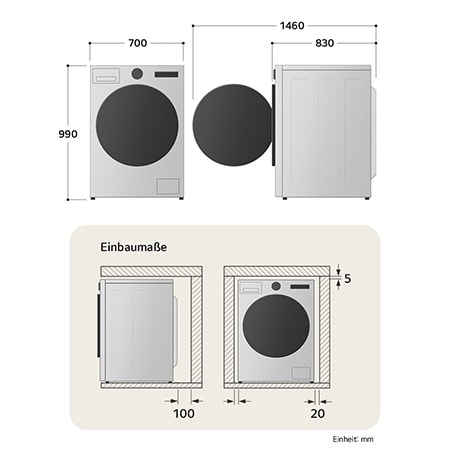 Technische Zeichnung der LG Waschmaschine: B 700, H 990, T 830 mm (Tür offen 1460 mm), inkl. Installationsabstände.