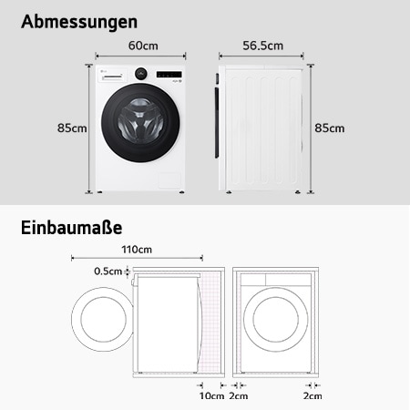 Technische Zeichnung der LG Waschmaschine F4WX809YC: B 60, H 85, T 56,5 cm (Tür offen 110 cm), inkl. Einbaumaße, mit Energieeffizienzklasse A-20%.