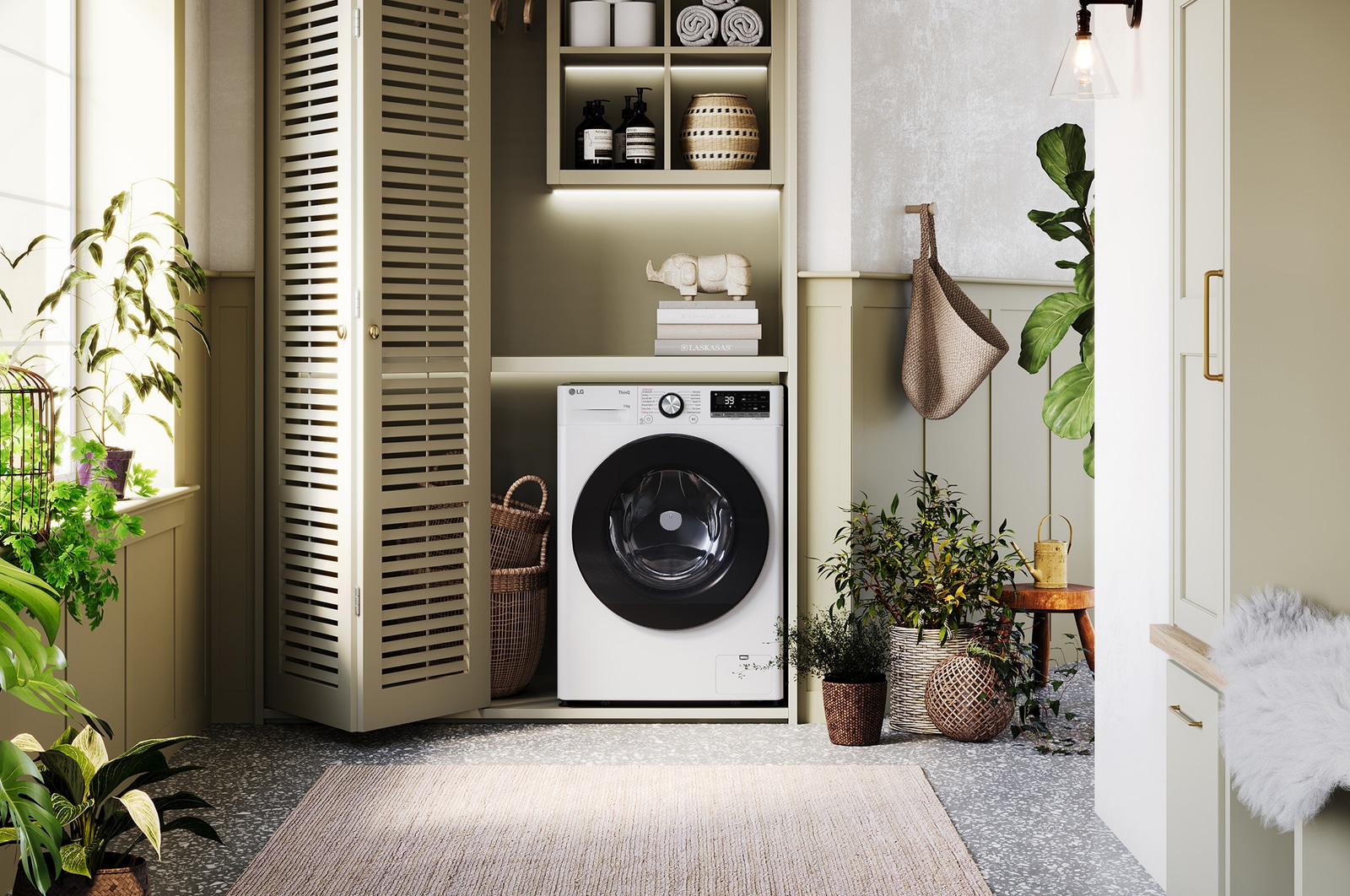 DE: Die weiße LG 11 kg Waschmaschine F6WR701Y mit ihrem eleganten Design, sauber unter der Arbeitsplatte in einem modernen Waschraum installiert, mit Energieeffizienzklasse A-10%.