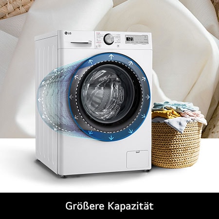 Die LG Waschmaschine F4WR4911P in Weiß, die ihre große 11 kg Trommelkapazität für mehr Wäsche hervorhebt, mit Energieeffizienzklasse A-10%.