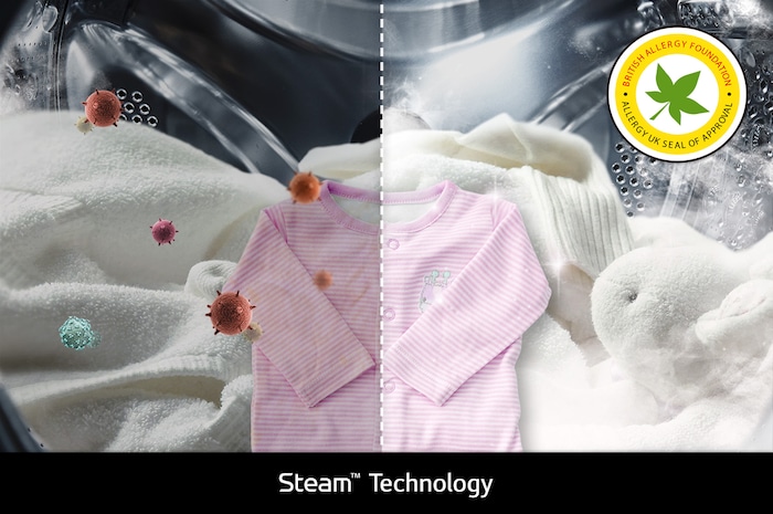 Die LG Steam™-Technologie in der Waschmaschine F4WR7031, die Allergene reduziert, zertifiziert von der BAF, mit Energieeffizienzklasse A-20%.