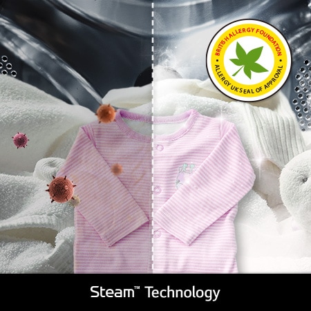 Die LG Steam™-Technologie in der Waschmaschine F4WR7031, die Allergene reduziert, zertifiziert von der BAF, mit Energieeffizienzklasse A-20%.