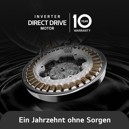 Nahaufnahme des Inverter Direct Drive Motors im LG 9 kg / 6 kg Waschtrockner W4WB3095Y, der Langlebigkeit und 10 Jahre Garantie hervorhebt.