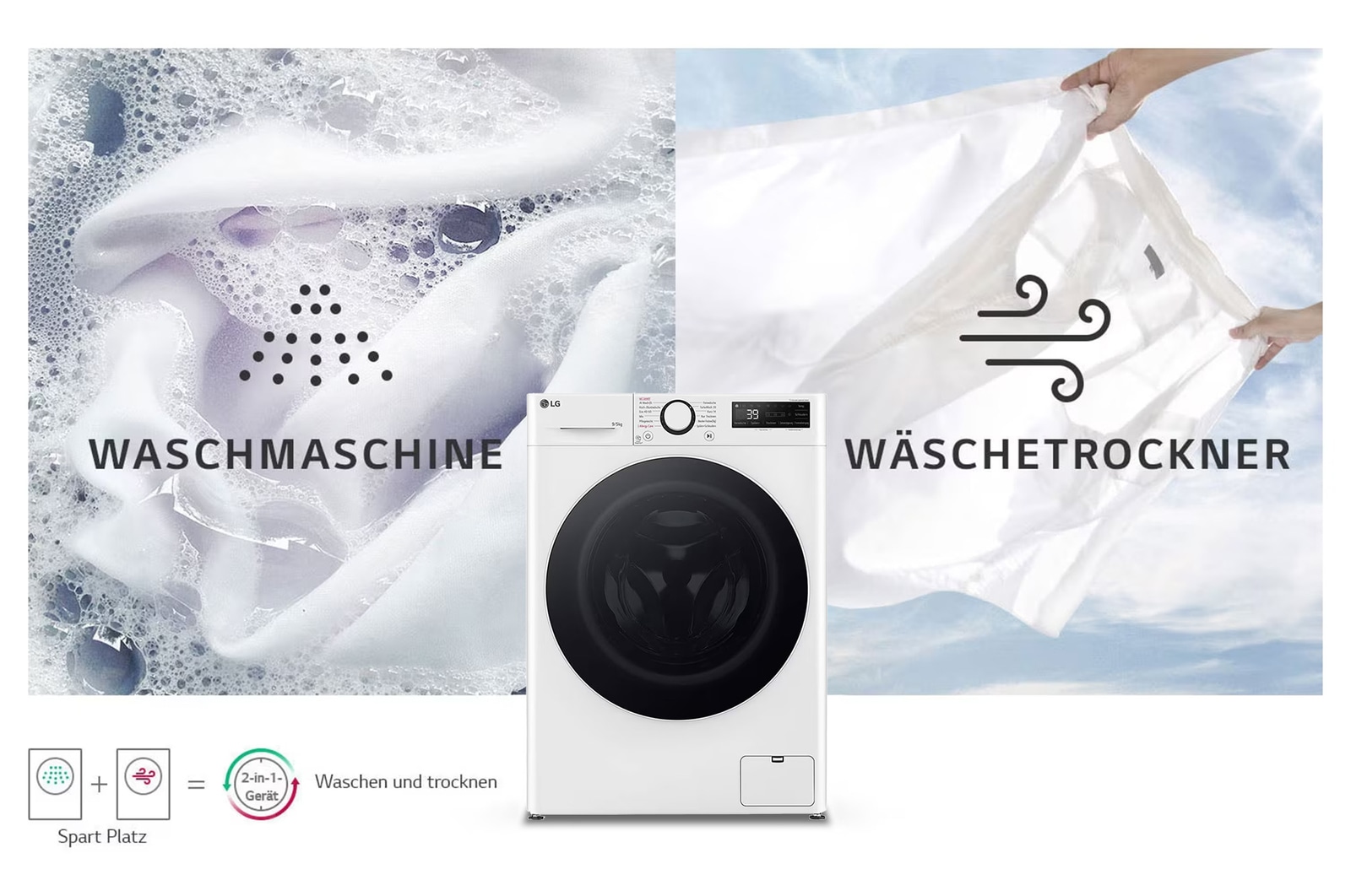 Der weiße LG Slim Waschtrockner V5WD95SLIM (9kg Waschen/5kg Trocknen), der sein platzsparendes 2-in-1-Design zeigt, mit Energieeffizienzklasse E.