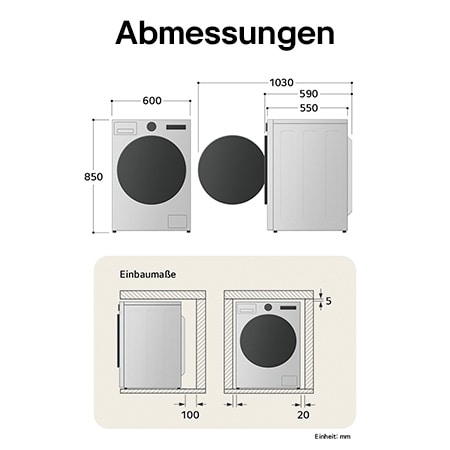Technische Zeichnung des LG Slim Waschtrockners: B 600, H 850, T 475 mm (Tür offen 1015 mm), inkl. Installationsabstände.