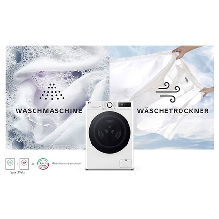 Der weiße LG Slim Waschtrockner V5WD95SLIM (9kg Waschen/5kg Trocknen), der sein platzsparendes 2-in-1-Design zeigt, mit Energieeffizienzklasse E.