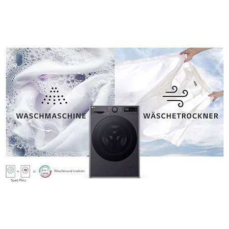 Der schwarze LG Slim Waschtrockner V5WD95SLIMB (9kg Waschen/5kg Trocknen), der sein platzsparendes 2-in-1-Design zeigt, mit Energieeffizienzklasse E.