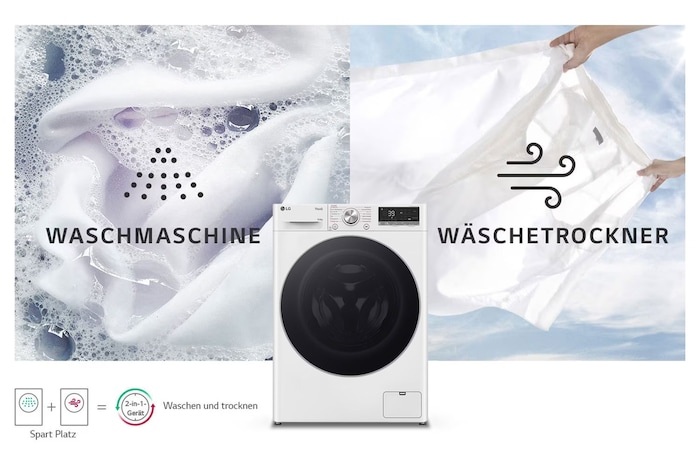 Der weiße LG Waschtrockner W4WR70961-001 (11kg Waschen/6kg Trocknen), der sein 2-in-1-Design in einem einzigen Gerät zeigt, mit Energieeffizienzklasse D.