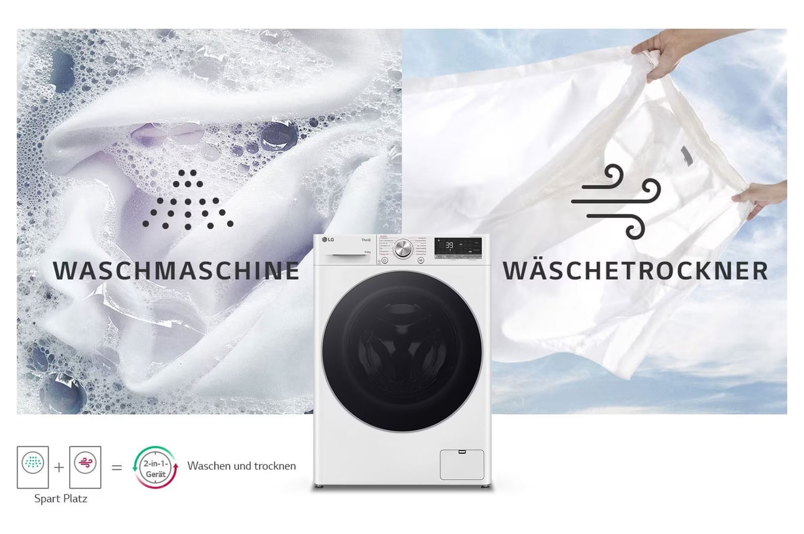Der weiße LG Waschtrockner W4WR70961-001 (11kg Waschen/6kg Trocknen), der sein 2-in-1-Design in einem einzigen Gerät zeigt, mit Energieeffizienzklasse D.
