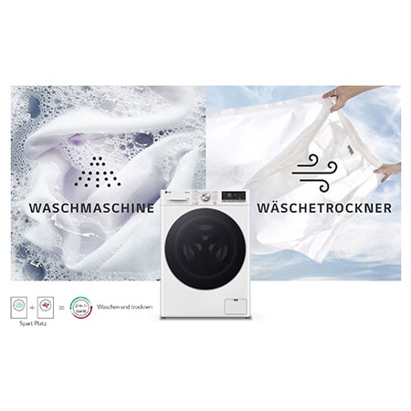 Der weiße LG Waschtrockner W4WR70961-001 (11kg Waschen/6kg Trocknen), der sein 2-in-1-Design in einem einzigen Gerät zeigt, mit Energieeffizienzklasse D.