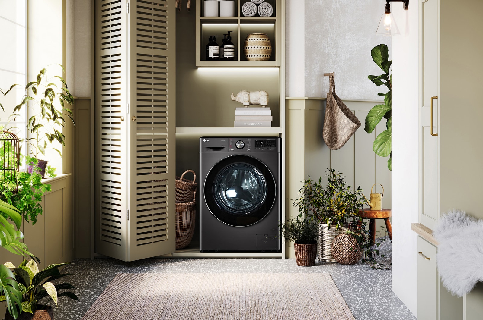 Der schwarze LG 9 kg Waschtrockner W4WR70E6YB, mit seinem platzsparenden 2-in-1-Design in einem stilvollen Wäscheschrank installiert, mit Energieeffizienzklasse D.
