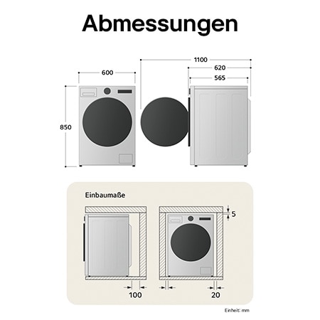 Technische Zeichnung des LG Waschtrockners: B 600, H 850, T 565 mm (Tür offen 1100 mm), inkl. Installationsabstände.